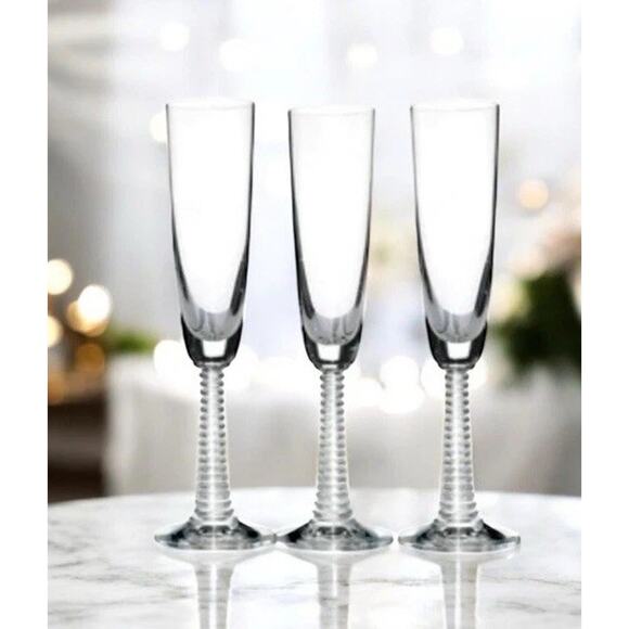 3 Antique Crystal Champagne Flutes With Ringed Beehive Flare Stems. Very Unique - Picture 1 of 7